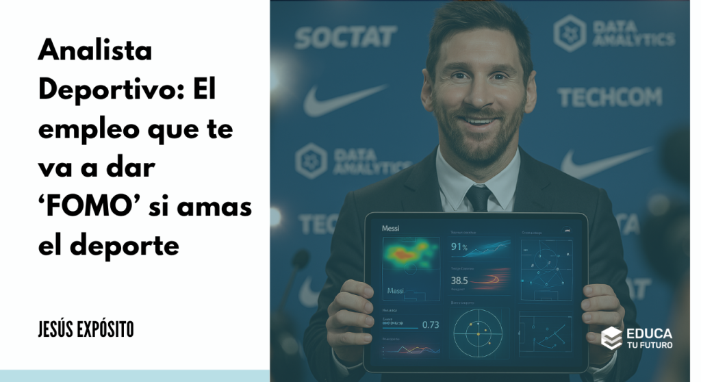 Hombre trajeado sonriente sostiene una tablet con gráficos deportivos y análisis de datos; fondo con logos de tecnología y deporte.