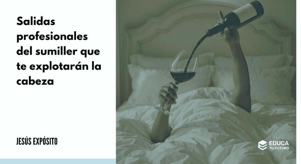 Brazo desde una cama blanca sirve vino tinto en copa, imagen lúdica para artículo sobre salidas profesionales del sumiller.
